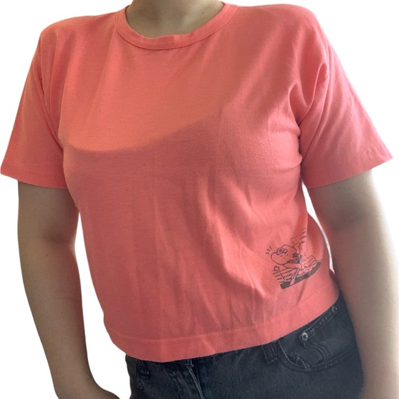 Women’s Vintage 80s Cropped T-Shirt Long Sleeves With Shoulder Pads Salmon Pink - Picture 12 of 14